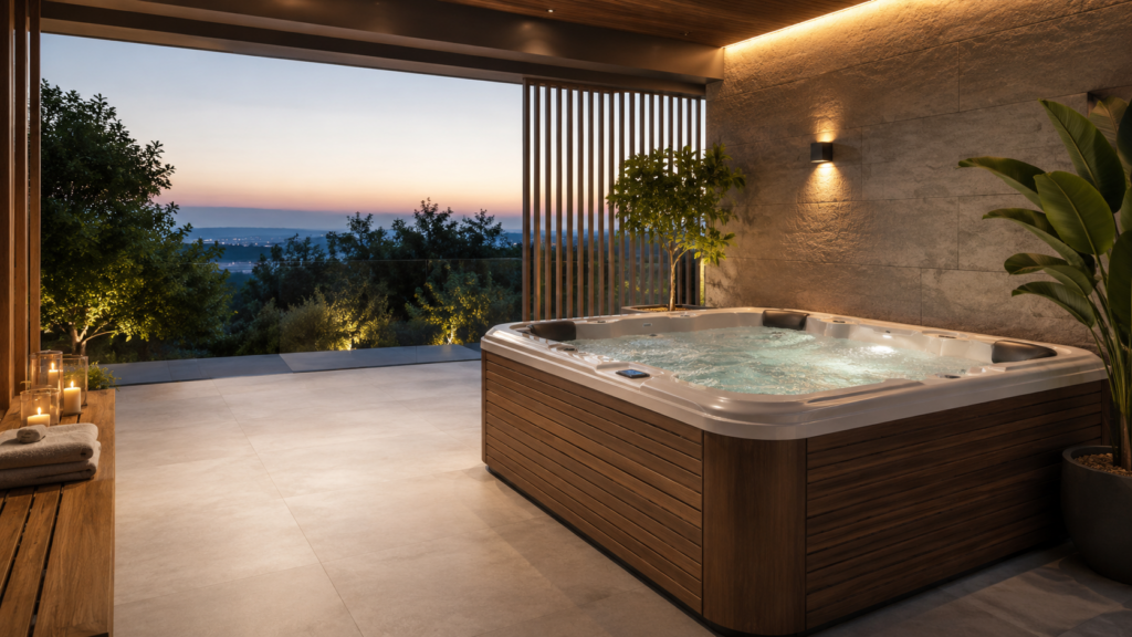 Spa en casa con jacuzzi exterior, iluminación cálida y pavimento cerámico antideslizante